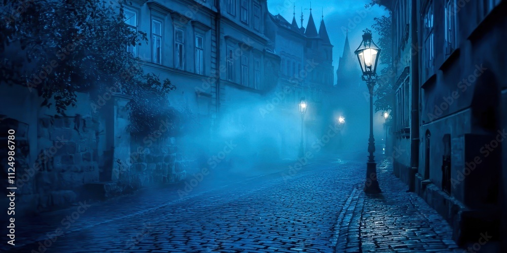 Poster street with a lamp post and a building in the background