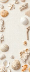 A serene collection of seashells and beach finds, arranged harmoniously on a soft background, perfect for coastal themes.