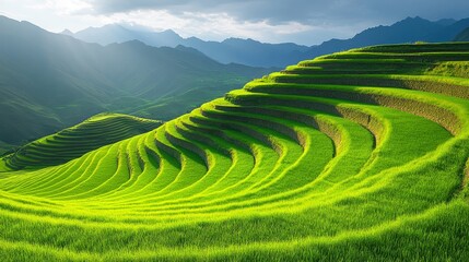 Serene landscape of lush green rice terraces under a cloudy sky