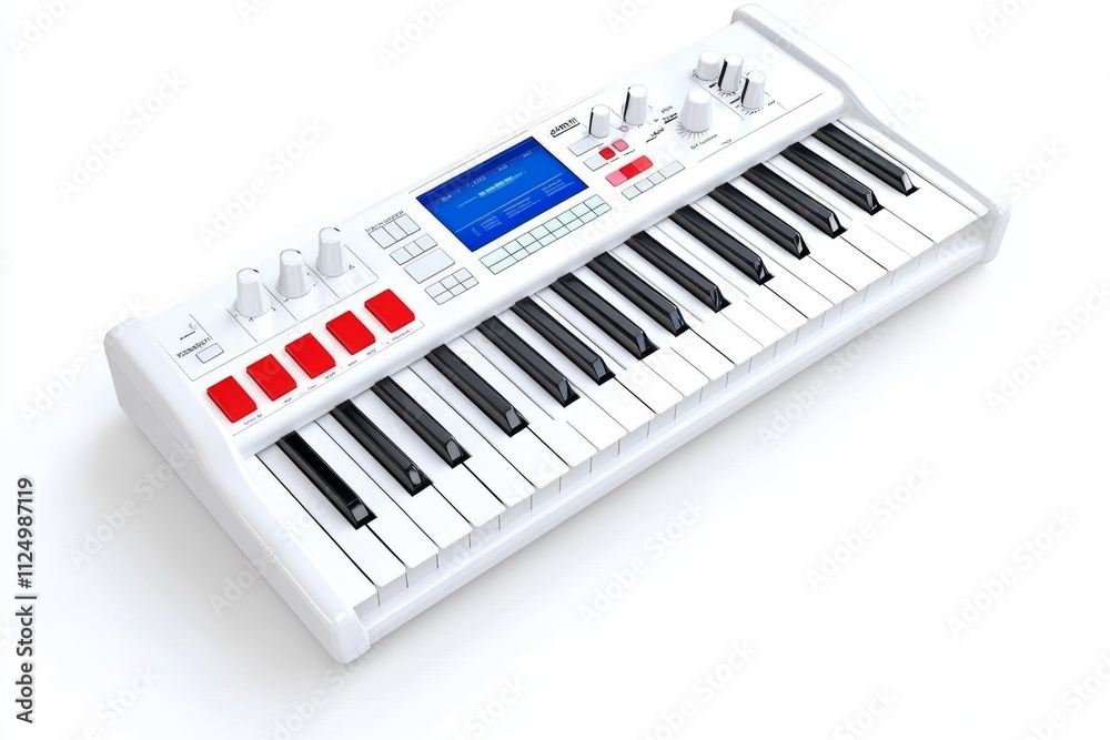 Poster a sleek modern synthesizer isolated on a pure white background, showcasing its digital interface and