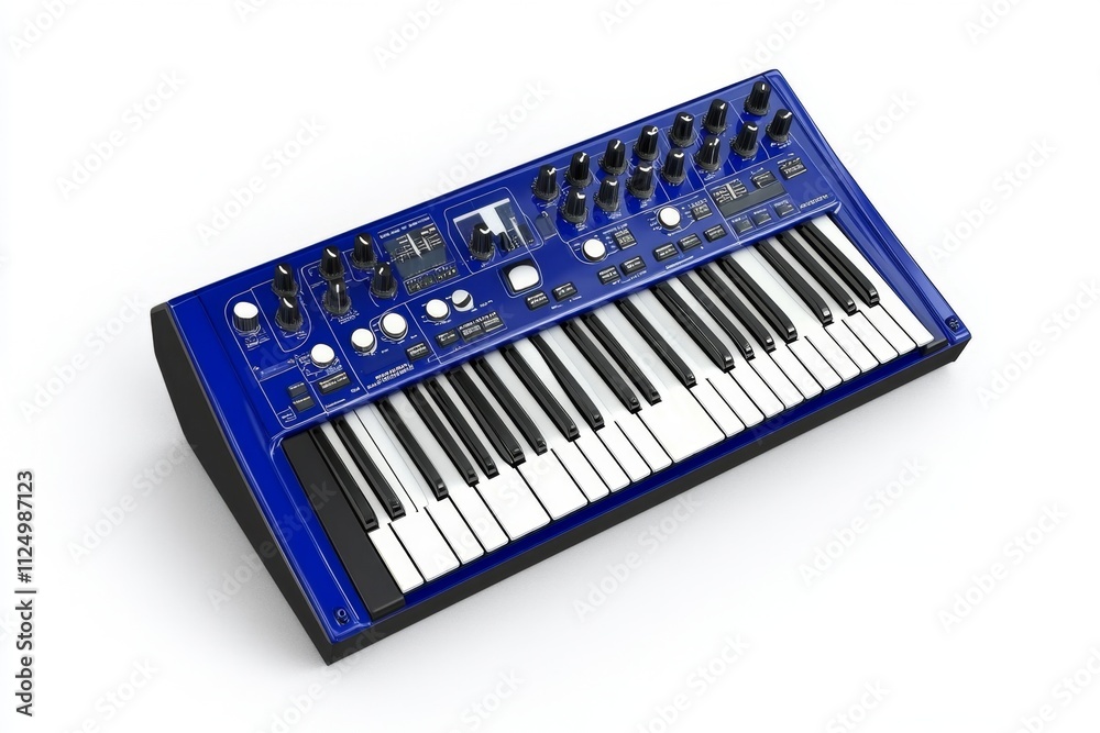 Poster a sleek modern synthesizer isolated on a pure white background, showcasing its digital interface and