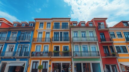 Fototapeta premium Vibrant buildings with colorful facades under a blue sky