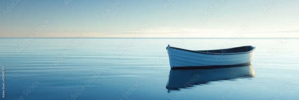 Poster a single blue boat drifts peacefully on smooth waters, creating a tranquil atmosphere perfect for te