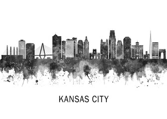 Fototapeta premium Kansas City Missouri Skyline BW, landscape watercolor abstract painting travel illustration urban art modern downtown landmarks skyscrapers artwork