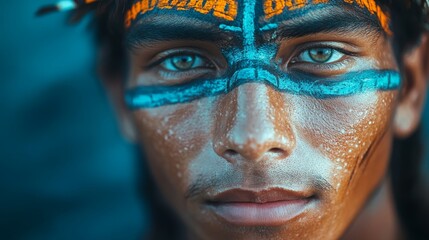 Obraz premium Portrait of a young man with tribal face paint and striking blue eyes