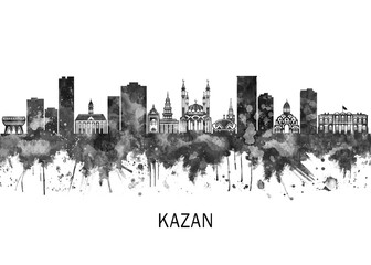 Obraz premium Kazan Russia Skyline BW, landscape watercolor abstract painting travel illustration urban art modern downtown landmarks skyscrapers artwork