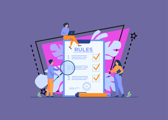 Business people studying list of rules, reading guidance, making checklist. Vector illustration for company order, restrictions, law, regulations concept