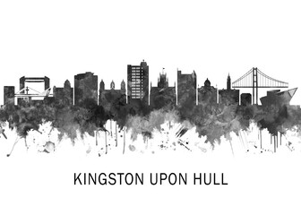 Obraz premium Kingston upon Hull England Skyline BW, landscape watercolor abstract painting travel illustration urban art modern downtown landmarks skyscrapers artwork