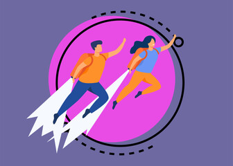 Cheerful couple boosting with jet pack flat vector illustration. Cartoon business cha racters flying up with rocket on back. Career fast growth, startup and energy concept