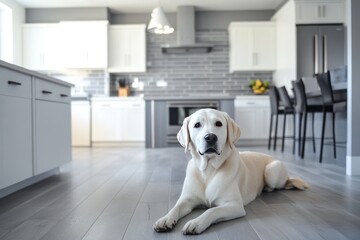 Friendly Labrador in Modern Kitchen Setting