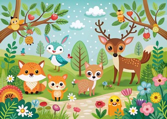 Naklejka premium Childish Woodland Animals Pattern for Fabric and Apparel Design Featuring Cute Cartoon Creatures, Ideal for Kids' Clothing and Textile Projects, Perfect for Creative Backgrounds