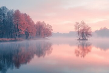 Tranquil autumn morning by the lake with mist rising and colorful trees reflecting on the water at dawn. Generative AI