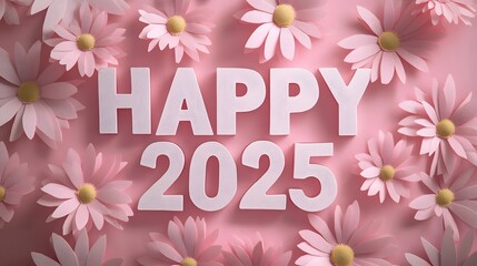 The Phrase "Happy 2025", with Ornaments and Flowers, Abstract Image, Texture, Pattern Background, Wallpaper, Cover and Screen for Smartphone, PC, Laptop, 9:16 and 16:9 Format