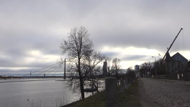 Riga, Latvia A view of the Daugava River, the downtown bridges, the Kipsala district, and the Balasta Dambis Street.