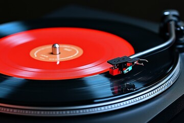 A turntable in motion, with a spinning vinyl record and a needle perfectly aligned to the grooves