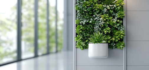 Lush vertical garden display in modern office space indoor plant installation contemporary environment green aesthetic