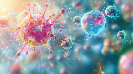 Colorful representation of viruses interacting in a microscopic environment showcasing cellular dynamics