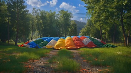 An outdoor area with a large parachute used for group play, surrounded by green grass and trees.