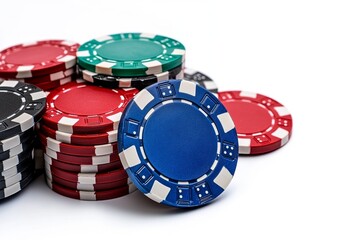 A vibrant assortment of poker chips scattered across a white background, representing the energy and stakes of casino games