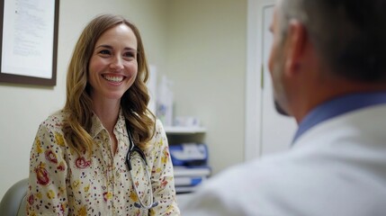 Obraz premium A health professional smiling and providing affordable medical advice to a patient in a welcoming environment.