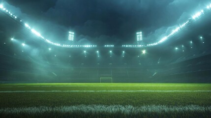 lights at night and soccer field 3d render. Night football stadium.