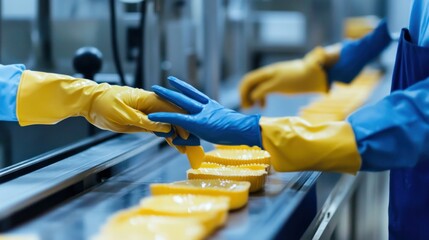 Industrial rubber glove manufacturing line, molds dipping into latex solutions, cured gloves peeled off automatically