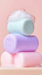 Colorful sponges stacked neatly, with bubbles, perfect for cleaning and bath aesthetics.