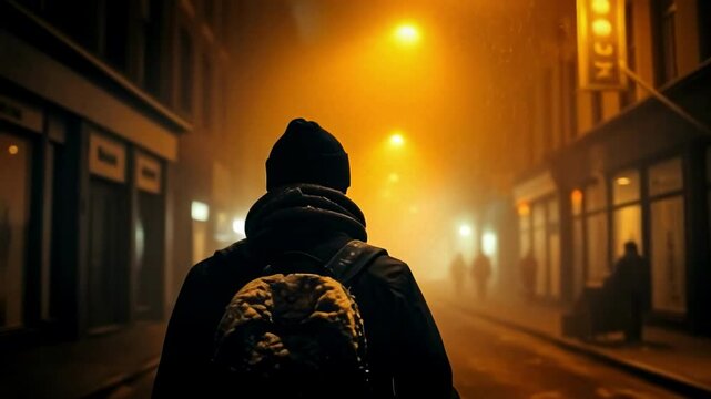 A person walks through a foggy city street at night, their backpack covered in light snow