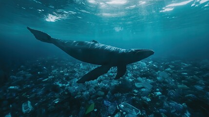 Fototapeta premium Whale swimming through a dense plastic garbage field, environmental pollution