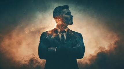 Visionary Businessman Gazing into the Cosmic Future Inner Universe Digital Art Surreal Environment Side Perspective Imagination and Ambition