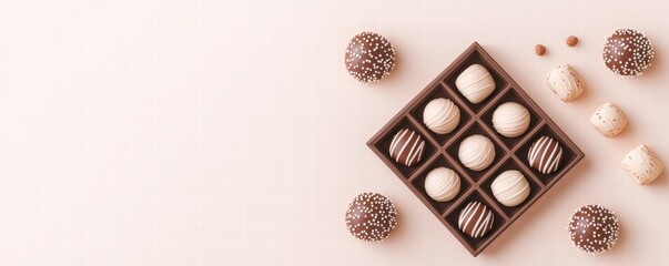 Fototapeta premium Delicious assorted chocolates arranged in a stylish box, perfect for gifts or a sweet treat.