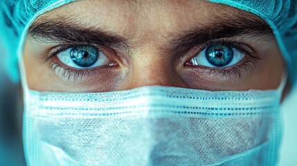 Close-up Portrait of a Medical Professional with Bright Blue Eyes Wearing a Surgical Mask and Cap, Emphasizing Precision, Care, and Commitment in Healthcare Environment