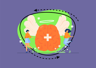 Happy tiny women with positive thoughts and philosophy of life isolated flat vector illustration. Abstract creative strategy and mind power to health improvement. Brain and dream control concept