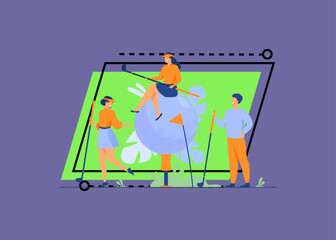 Happy people playing golf with brassies and ball on lawn, enjoying their hobby, having fun. Vector illustration for golf club, championship, sport, lifestyle concept
