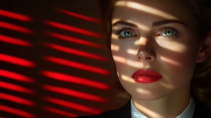 Woman with striking features illuminated by dramatic shadows and light