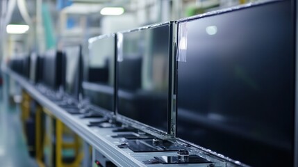 LED TV assembly line, large flat panels carefully placed into frames, protective films peeled off by gentle suction tools