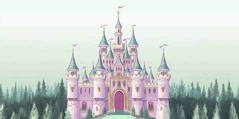 A whimsical pink castle set against a misty forest backdrop.