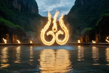 A vibrant shot of a glowing Aum symbol created with fire during a spiritual ritual, surrounded by chanting devotees