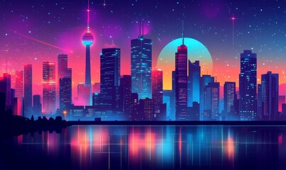 luminous cityscape with skyscrapers and neon lights, Generative AI