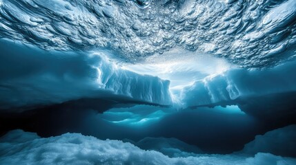 Fototapeta premium Abstract underwater perspective of ice, with cracks and bubbles trapped inside, illuminated by diffused light
