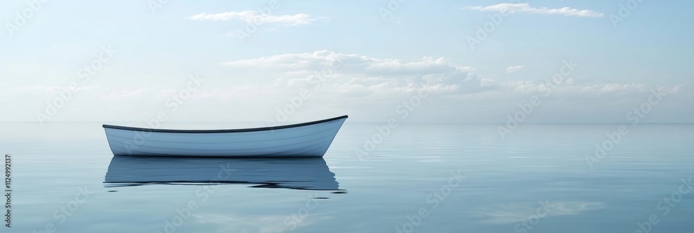 Poster A solitary boat floats peacefully on glassy waters under a soft blue sky, creating a tranquil environment with ample space for text. Generative AI