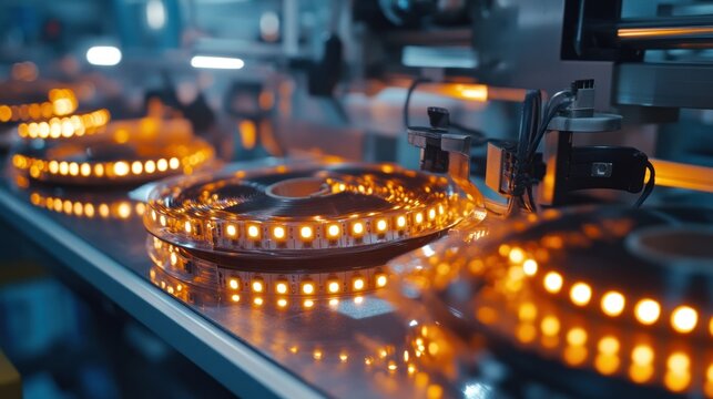 LED strip manufacturing line, reels of LEDs soldered onto flexible strips, testing stations checking brightness