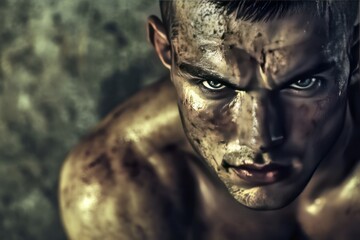 Intense Portrait of a Battle-Scarred Fighter