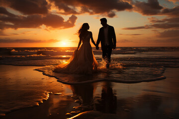 A newly married couple stopped at the beach. Romantic wedding sunset..  