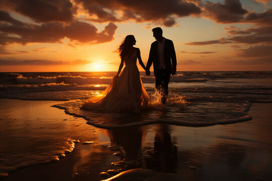 A newly married couple stopped at the beach. Romantic wedding sunset..  