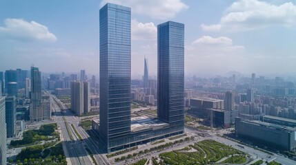Twin skyscrapers in a modern city skyline, aerial view.