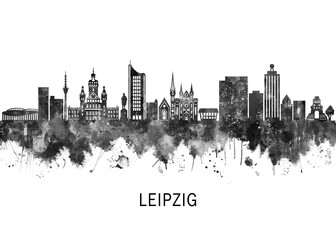 Obraz premium Leipzig Germany Skyline BW, landscape watercolor abstract painting travel illustration urban art modern downtown landmarks skyscrapers artwork