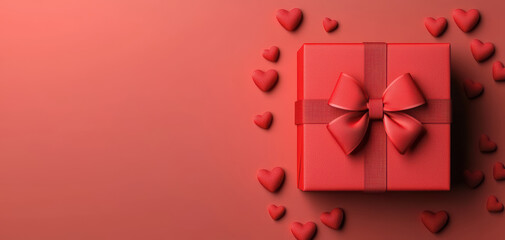 Valentine's day personalized gifts concept. A red gift box with a bow surrounded by heart shapes on a soft pink background, perfect for romantic occasions or celebrations.