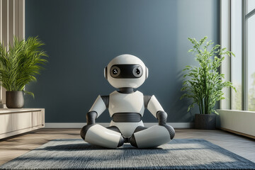 A humanoid robot positioned near a single indoor plant in a minimalistic corner of a living room