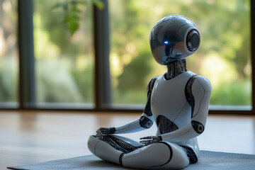 A humanoid robot positioned near a single indoor plant in a minimalistic corner of a living room